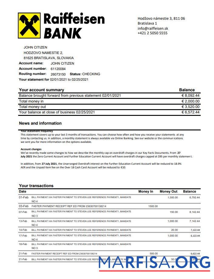 Downloadable Slovakia Raiffeisen bank statement excel download for verification